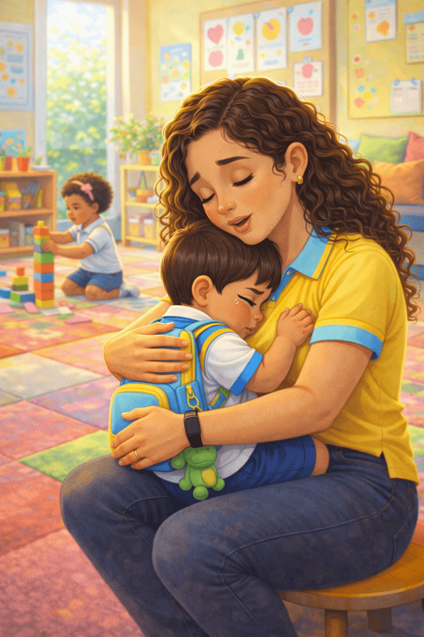 Professora abraçando criança com carinho