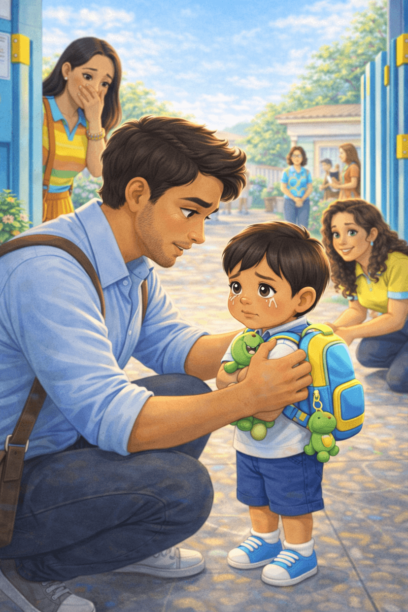 Pai consolando criança no momento da despedida