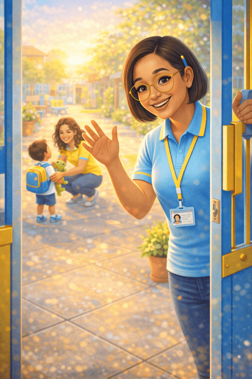 Professora acenando para as crianças na porta da escola