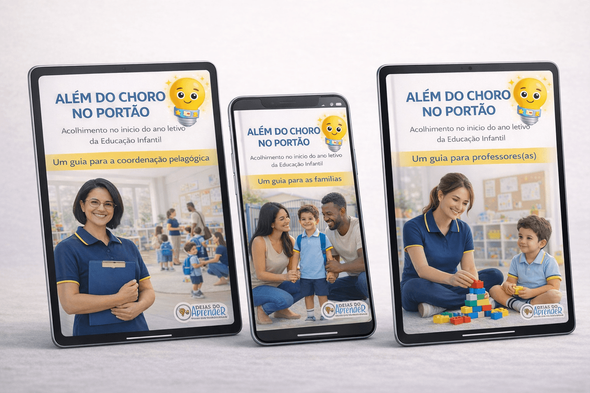 Materiais Além do Choro no Portão em tablet e celular - guias para coordenação, famílias e professoras